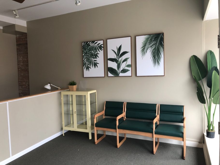 Waiting Room Image of waiting room with standard and bariatric chairs. There is a yellow product case and green succulent paintings on the wall.